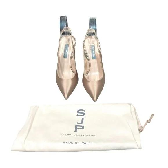 SJP by Sarah Jessica Parker Cy Pointed Toe Slingback Heel Nude Satin $495 - Picture 3 of 10
